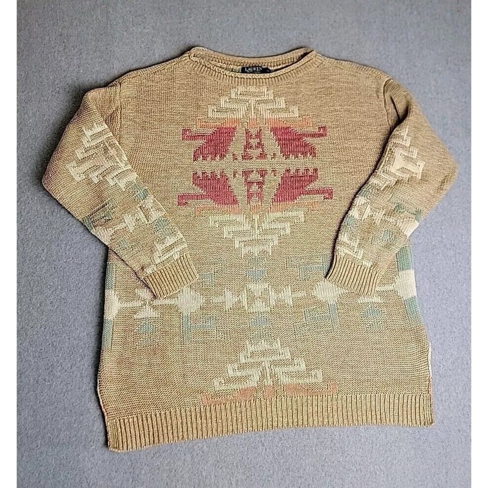 LRL Sweater Womens L Brown Green Pullover Cotton Linen Knit Aztec Preppy Cottage